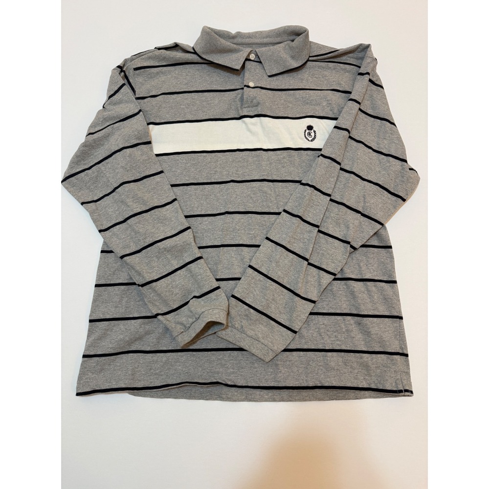 Chaps Ralph Lauren Mens XXL Gray Striped Long Sleeve Polo Shirt Cotton Crest